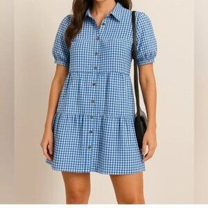 Speed Limit MPH Blue White Gingham Tiered Button Down Dress  Cottagecore Style